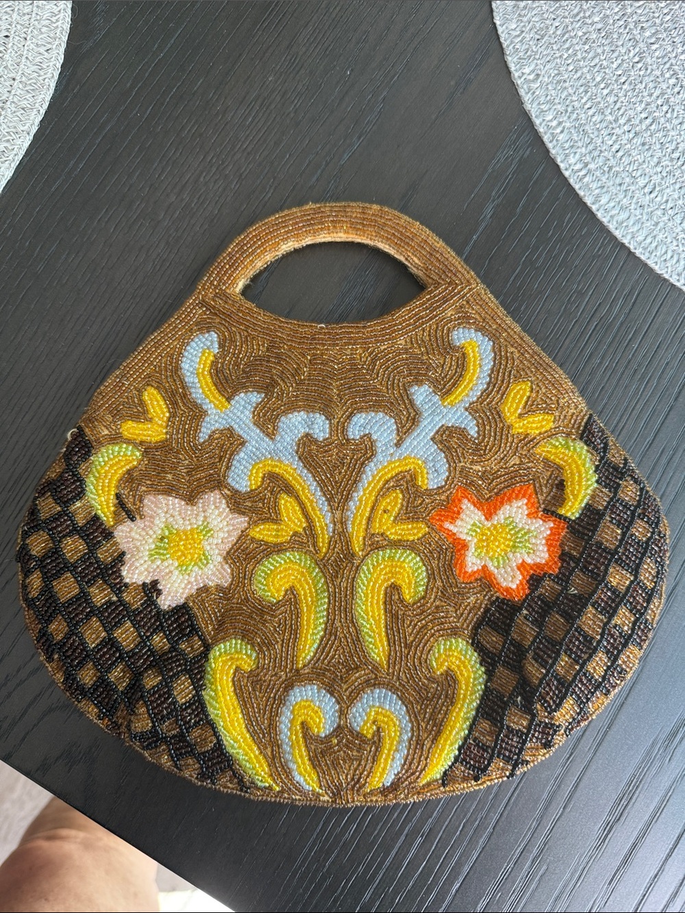 Beaded Floral Accent Handbag in Brown and Multicolor